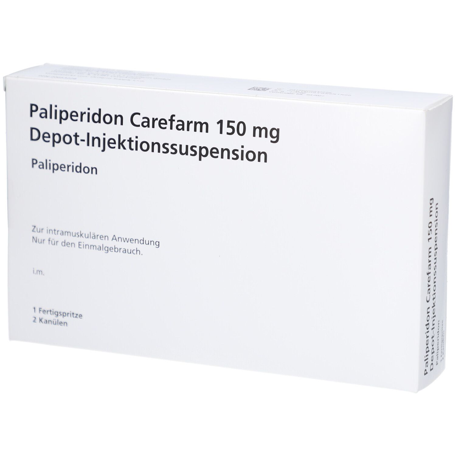 Weiße rechteckige Verpackung. Aufschrift: Paliperidon Carefarm 150 mg Depot-Injektionssuspension. Enthält Fertigspritze und Kanülen.