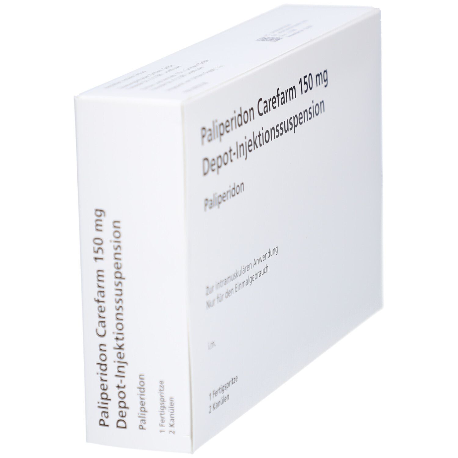 Weiße rechteckige Verpackung. Aufschrift: Paliperidon Carefarm 150 mg Depot-Injektionssuspension. Enthält Fertigspritze und Kanülen.