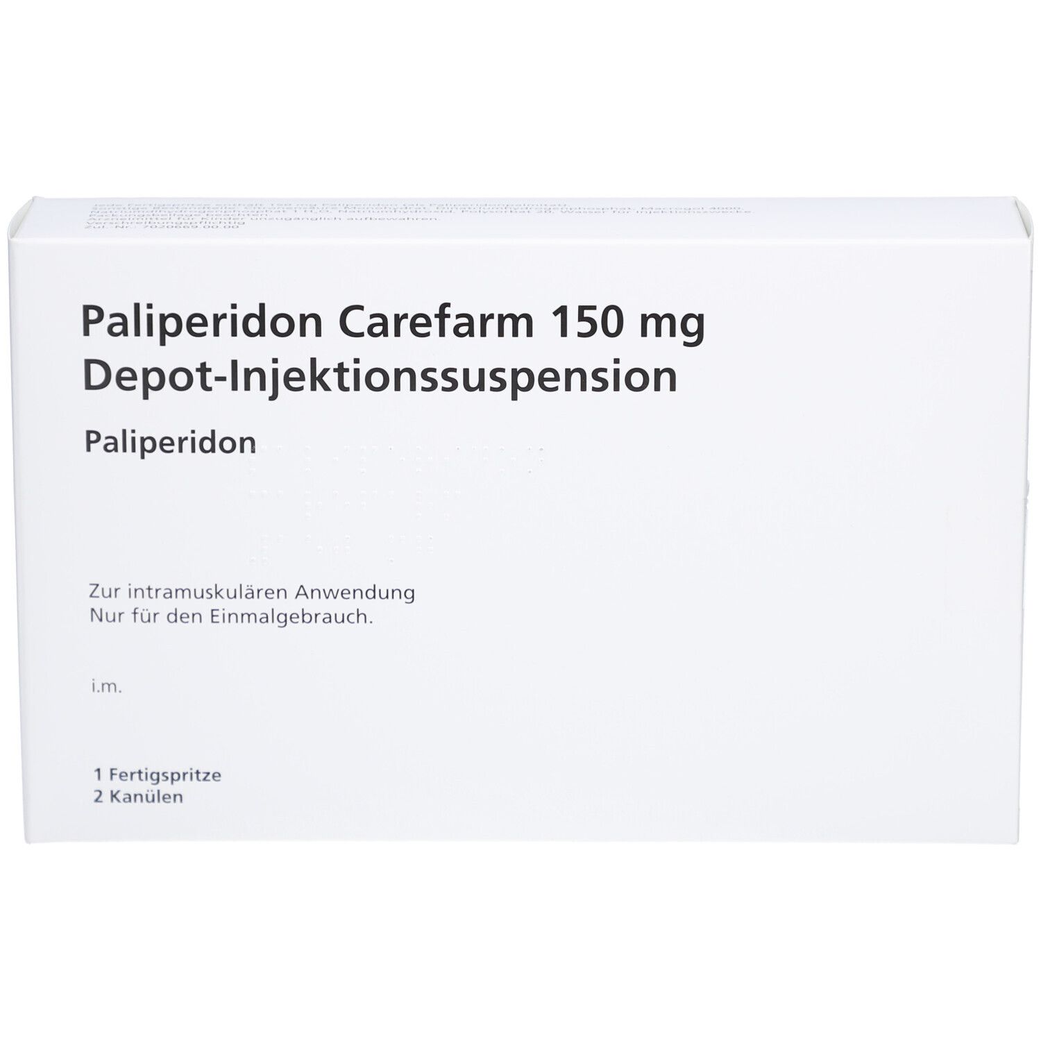 Weiße rechteckige Verpackung. Aufschrift: Paliperidon Carefarm 150 mg Depot-Injektionssuspension. Enthält Fertigspritze und Kanülen.