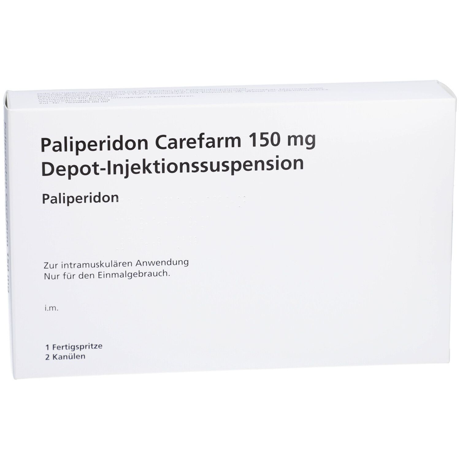 Weiße Produktverpackung mit Aufschrift: Paliperidon Carefarm 150 mg Depot-Injektionssuspension. Enthält 1 Fertigspritze und 2 Kanülen.