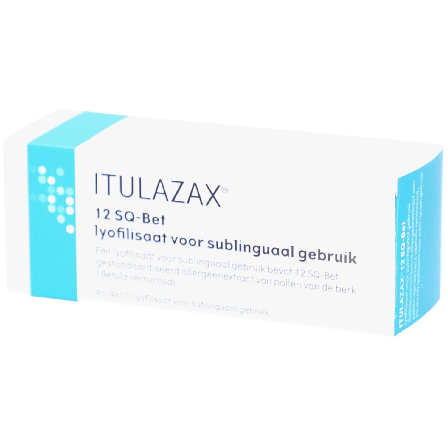 Weiße Schachtel mit blauem Akzent. Aufschrift: ITULAZAX 12 SQ-Bet. Lyophilisat für sublinguale Anwendung.