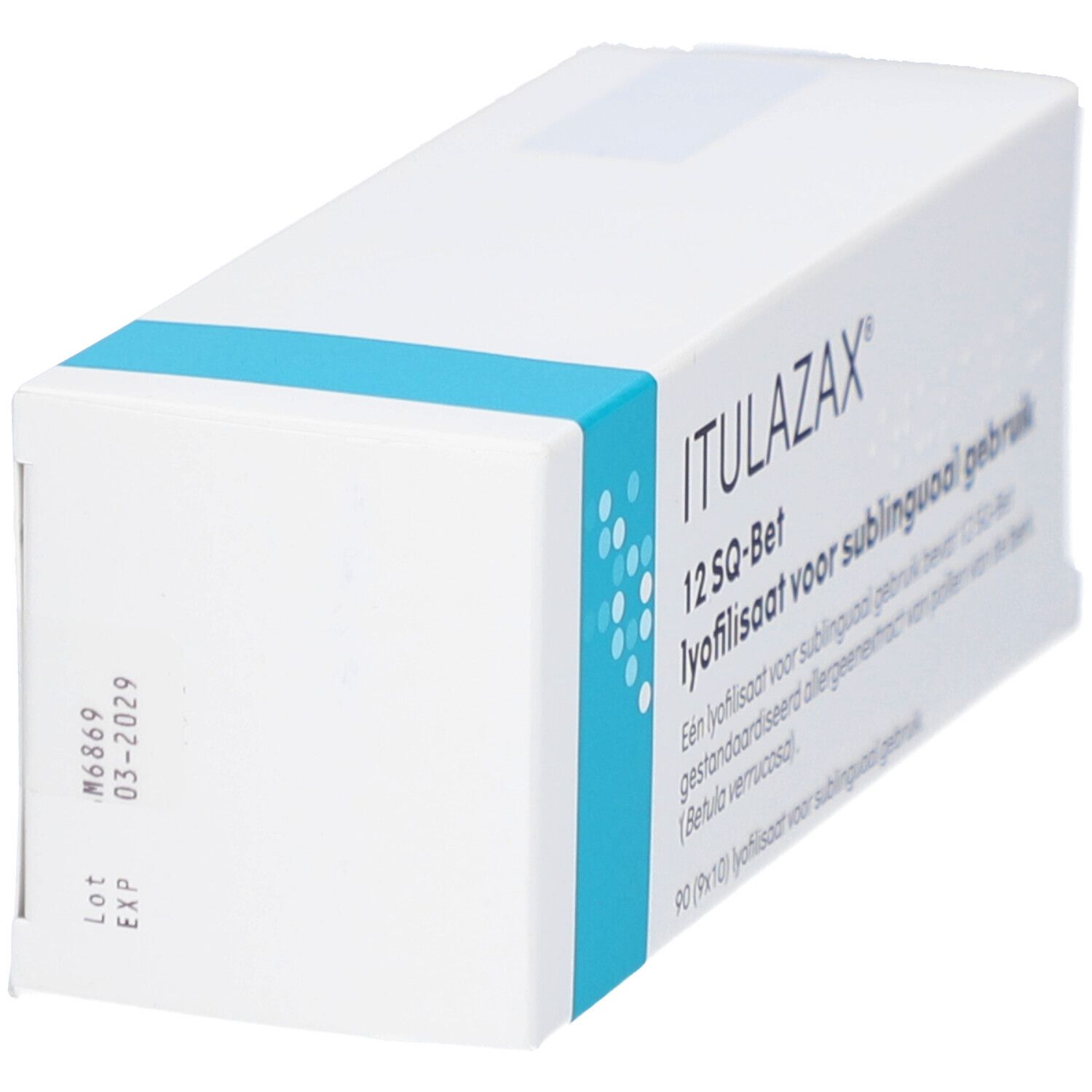 Weiße Schachtel, blaue Akzente. Aufschrift: ITULAZAX 12 SQ-Bet. Mit Lot- und Verfallsdatum.