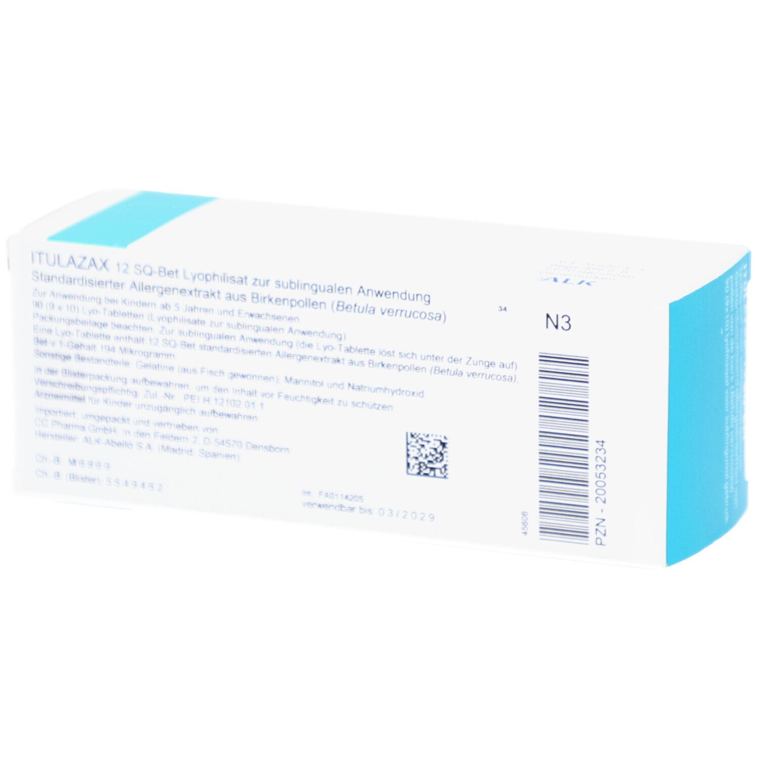 Weiße Schachtel mit blauen Akzenten. Aufschrift: ITULAZAX 12 SQ-Bet. Mit Text und QR-Code.