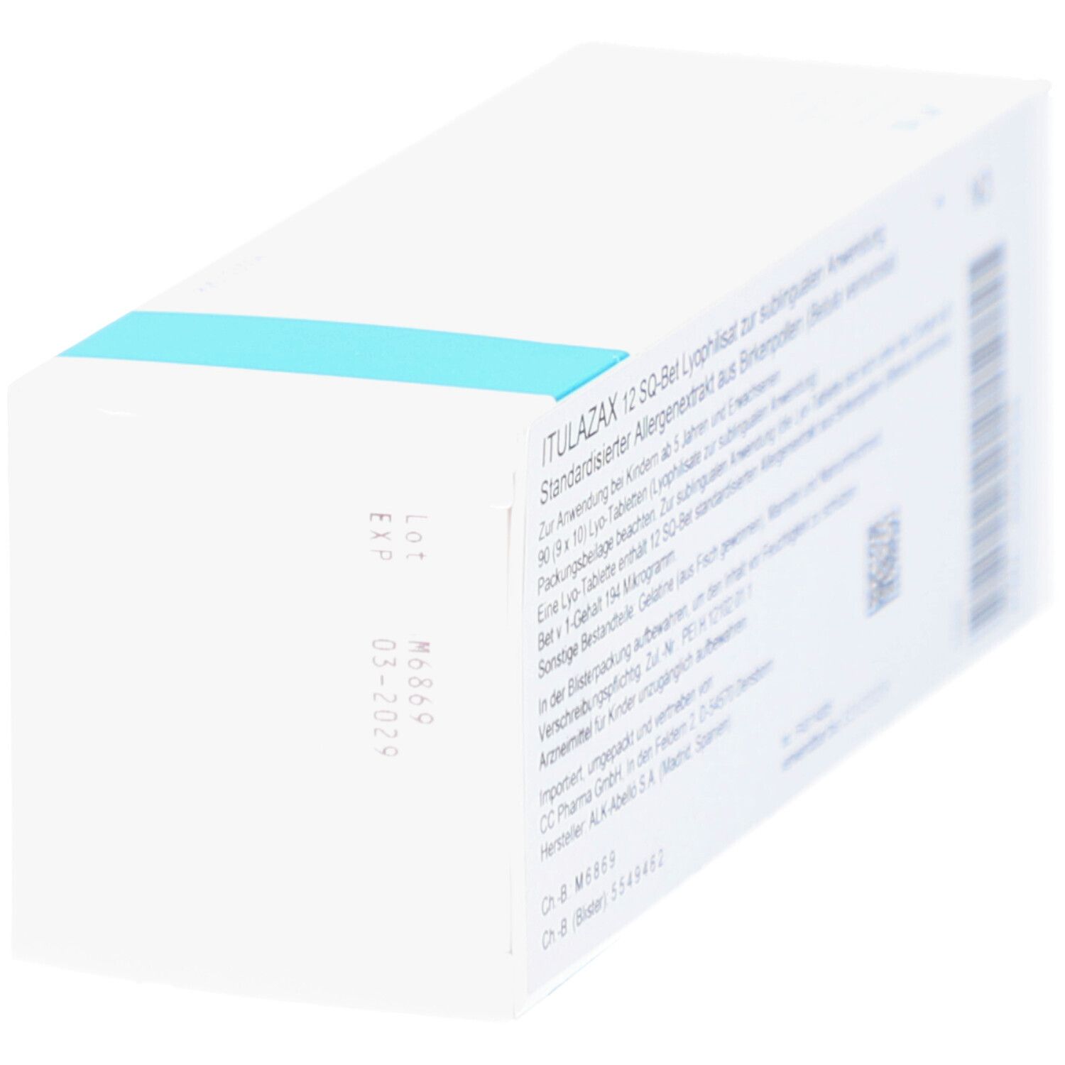 Weiße Schachtel mit blauen Akzenten. Aufschrift: ITULAZAX 12 SQ-Bet. Mit Lot- und Verfallsdatum.