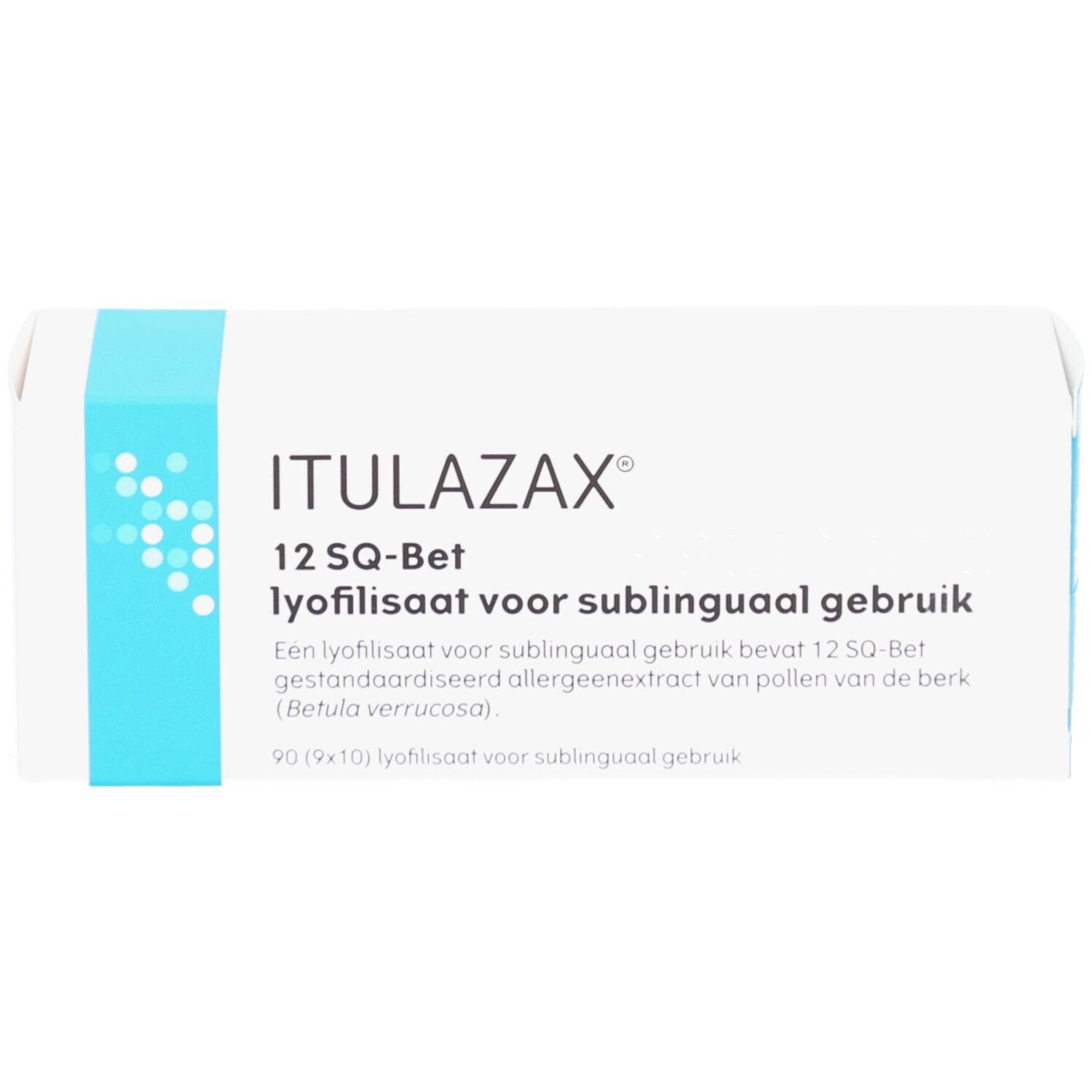 Weiße Schachtel mit blauen Akzenten. Aufschrift: ITULAZAX 12 SQ-Bet. Lyophilisat für sublinguale Anwendung.