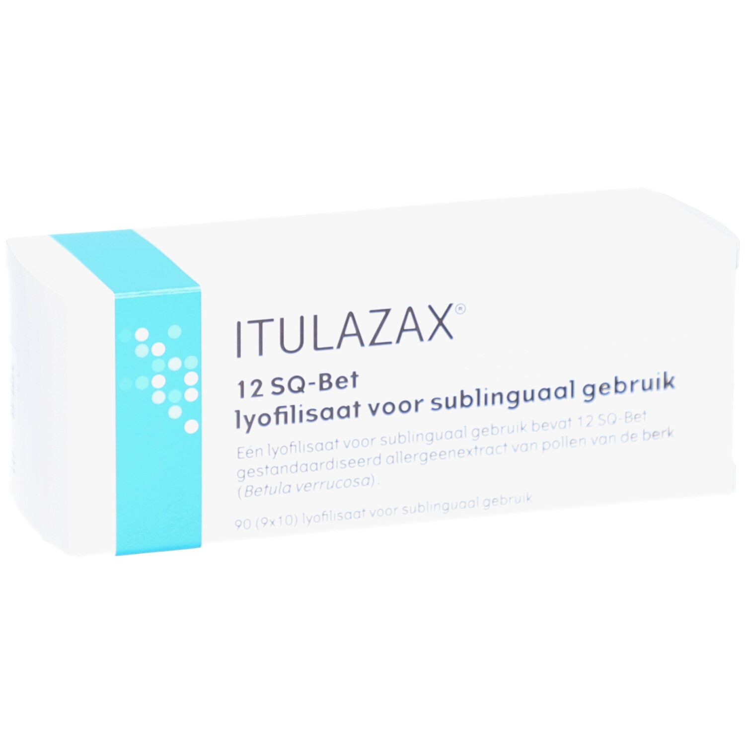 Weiße Schachtel mit blauen Akzenten. Aufschrift: ITULAZAX 12 SQ-Bet. Lyophilisat für sublinguale Anwendung.