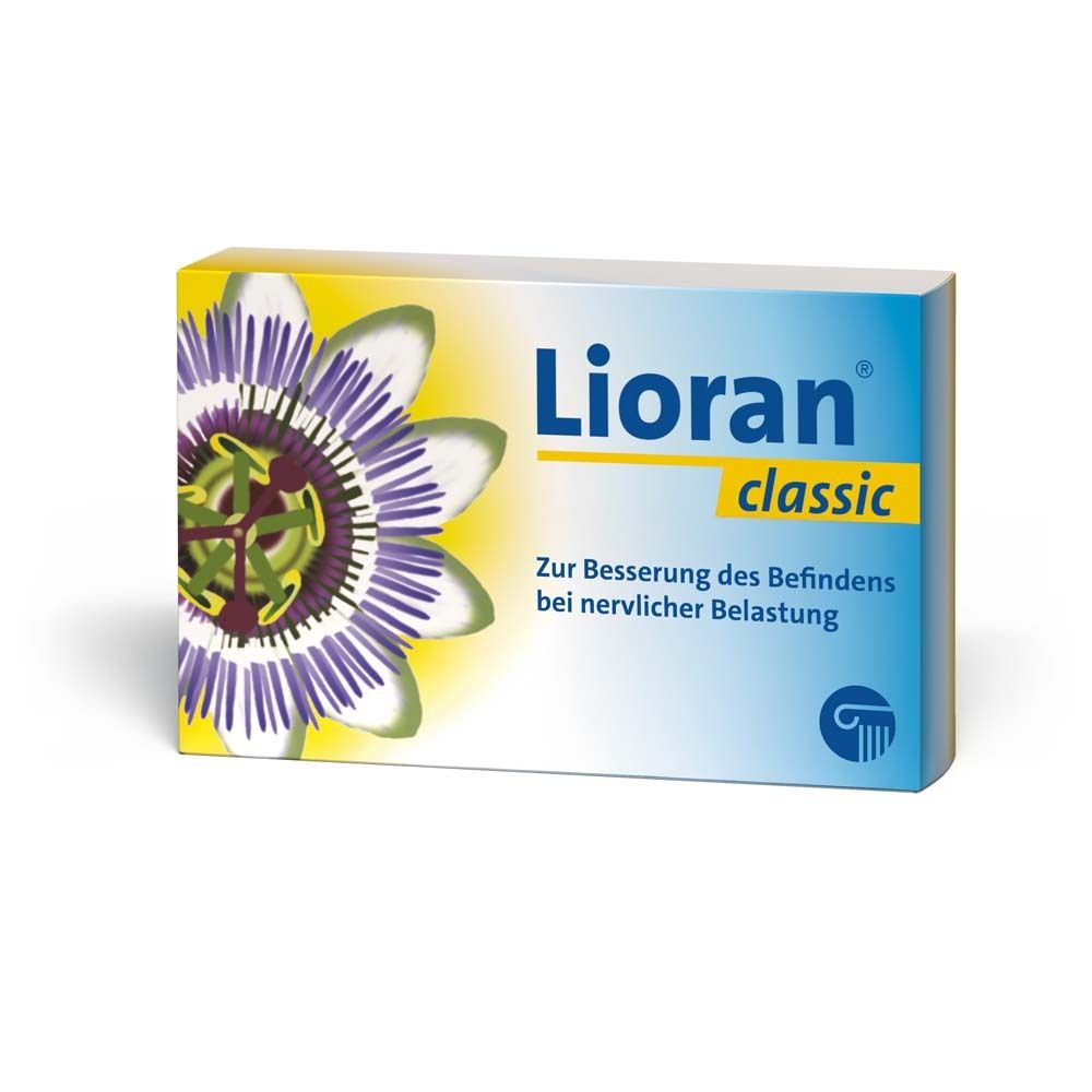 Schachtel mit Lioran classic. Aufdruck: Zur Besserung bei nervlicher Belastung. Mit Passionsblume.