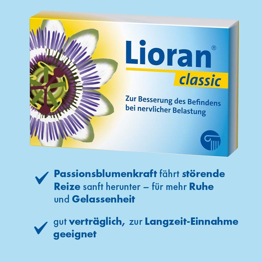 Schachtel mit Lioran classic. Text: Passionsblumenkraft fährt störende Reize sanft herunter. Gut verträglich.