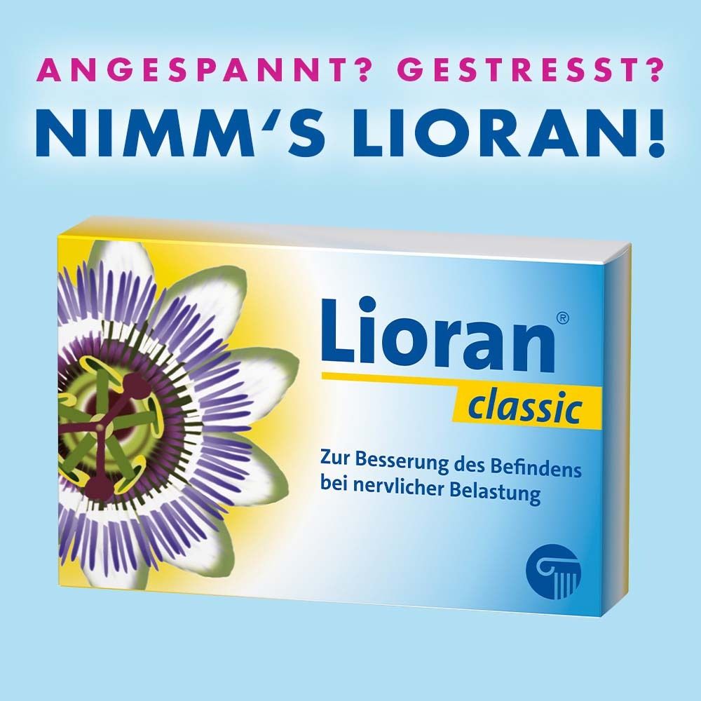 Werbebild mit Lioran classic. Text: „ANGESPANNT? GESTRESST? NIMM'S LIORAN!“ Schachtel mit Produkt abgebildet.