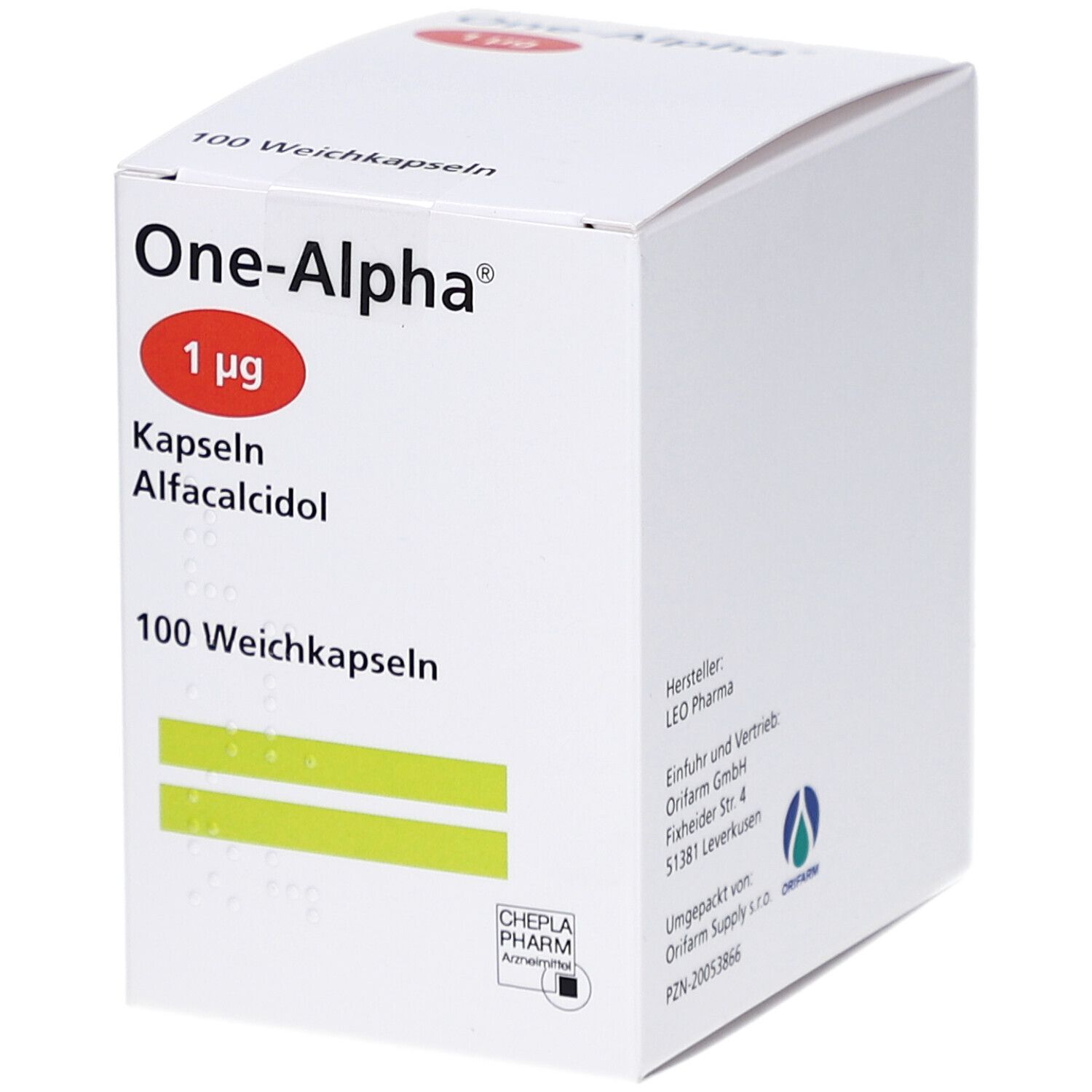 Weiße Schachtel mit "One-Alpha 1 µg Kapseln". Roter Kreis mit "1 µg". 100 Weichkapseln. CHEPLA PHARM Logo.