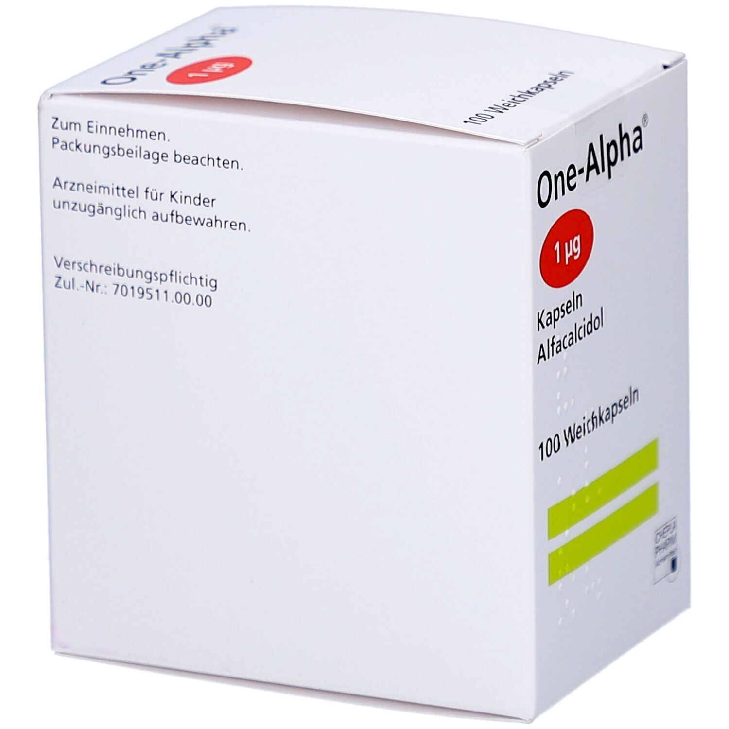 Weiße Schachtel "One-Alpha 1 µg Kapseln". Roter Kreis "1 µg". 100 Weichkapseln. Text auf Deutsch. CHEPLA PHARM Logo.