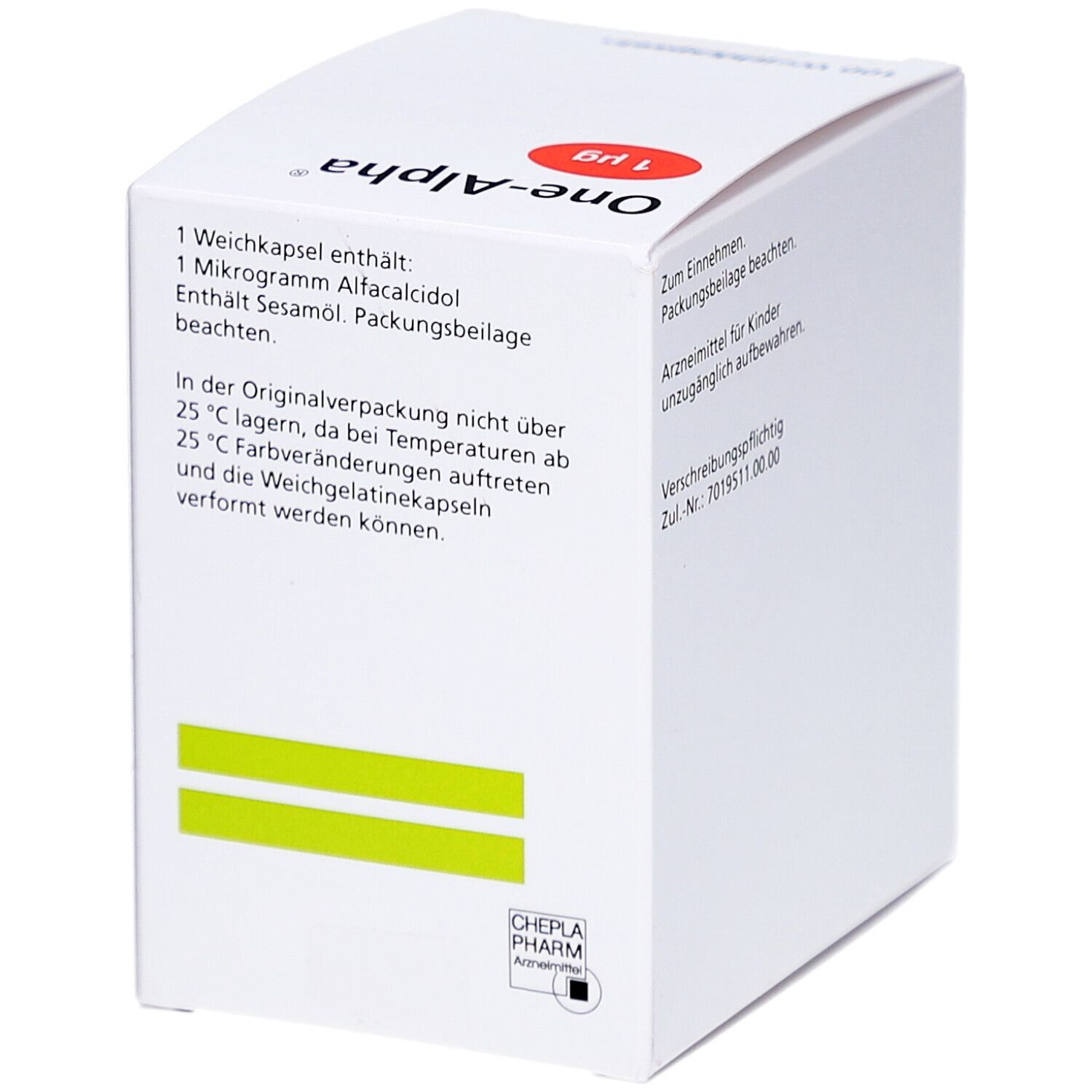 Weiße Schachtel mit Text auf Deutsch. Enthält 1 Mikrogramm Alfacalcidol. CHEPLA PHARM Logo. Grüne Streifen.