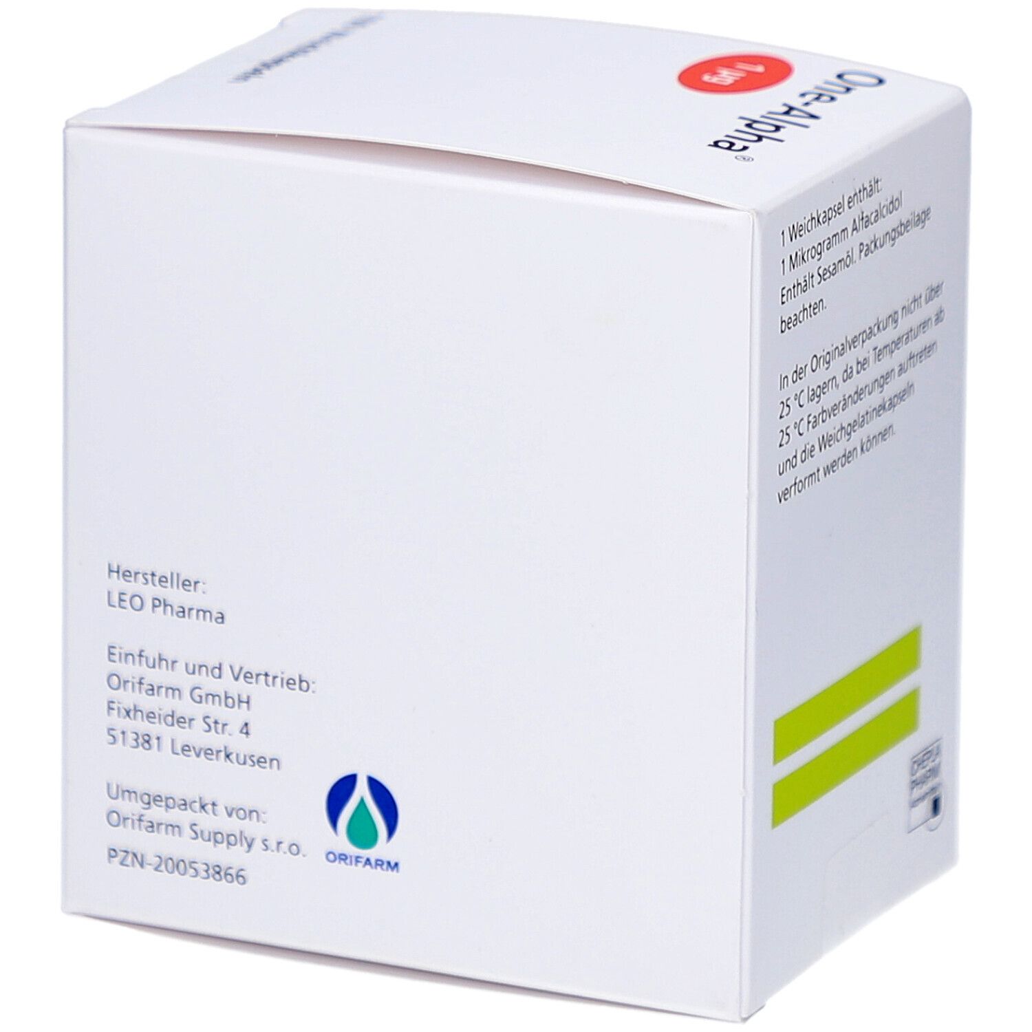 Weiße Schachtel. Hersteller: LEO Pharma. Vertrieb: Orifarm GmbH. Orifarm Supply s.r.o. Logo. Grüne Streifen.