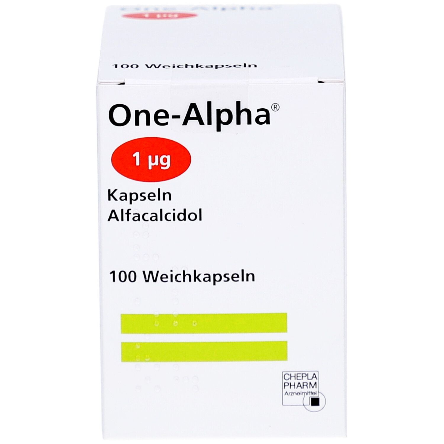 Weiße Schachtel "One-Alpha 1 µg Kapseln". Roter Kreis "1 µg". 100 Weichkapseln. CHEPLA PHARM Logo. Grüne Streifen.