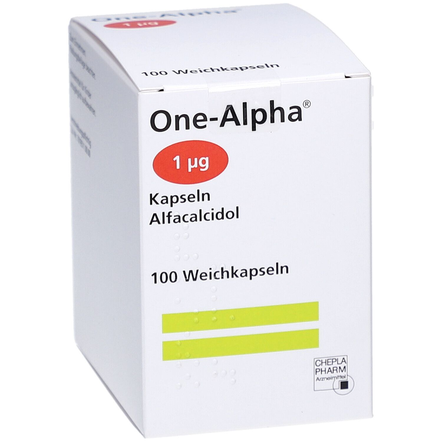 Weiße Schachtel "One-Alpha 1 µg Kapseln". Roter Kreis "1 µg". 100 Weichkapseln. CHEPLA PHARM Logo. Grüne Streifen.