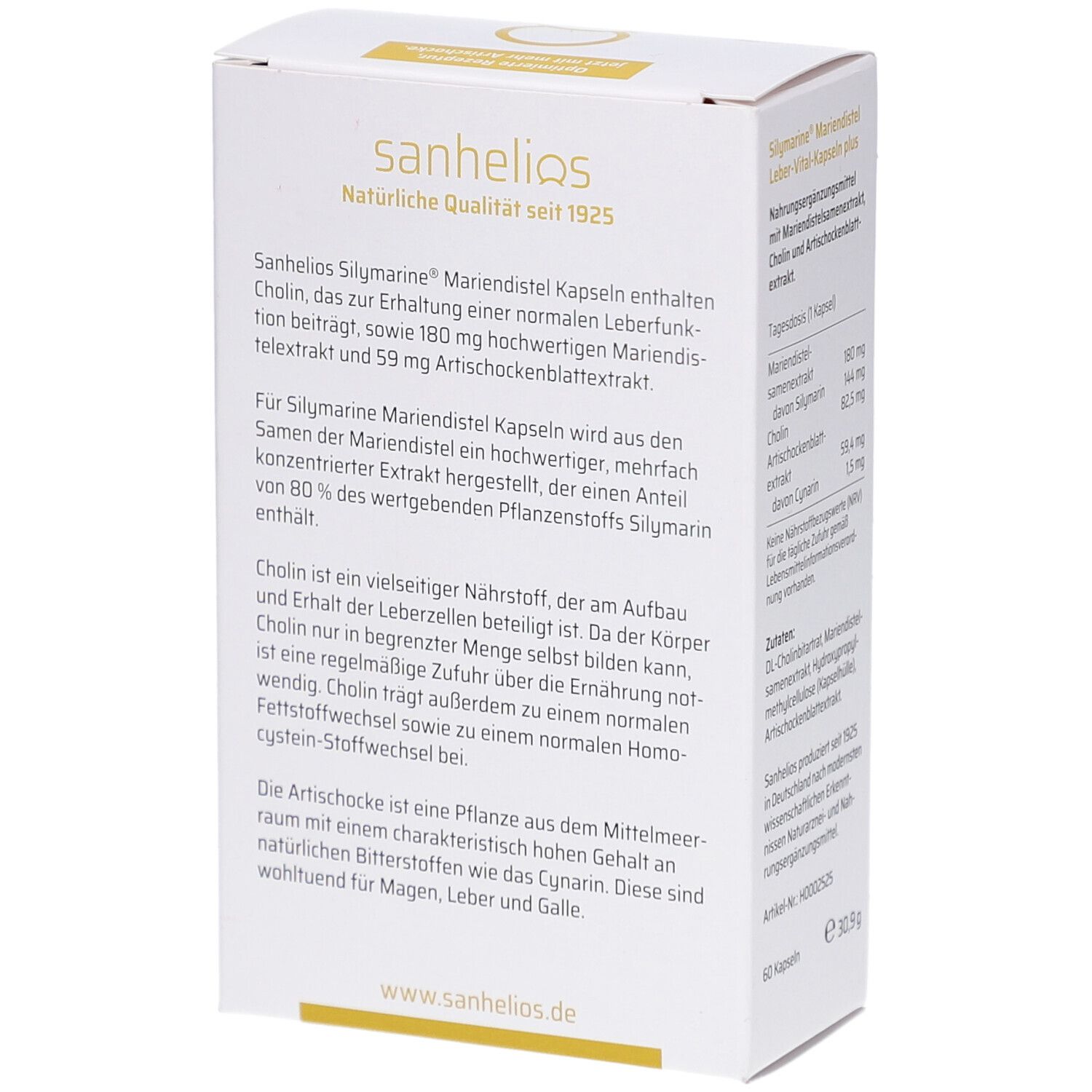 Rückseite der Produktverpackung. SILYMARINE Mariendistel Kapseln. Informationen zu Inhaltsstoffen und Hersteller. 60 Kapseln.