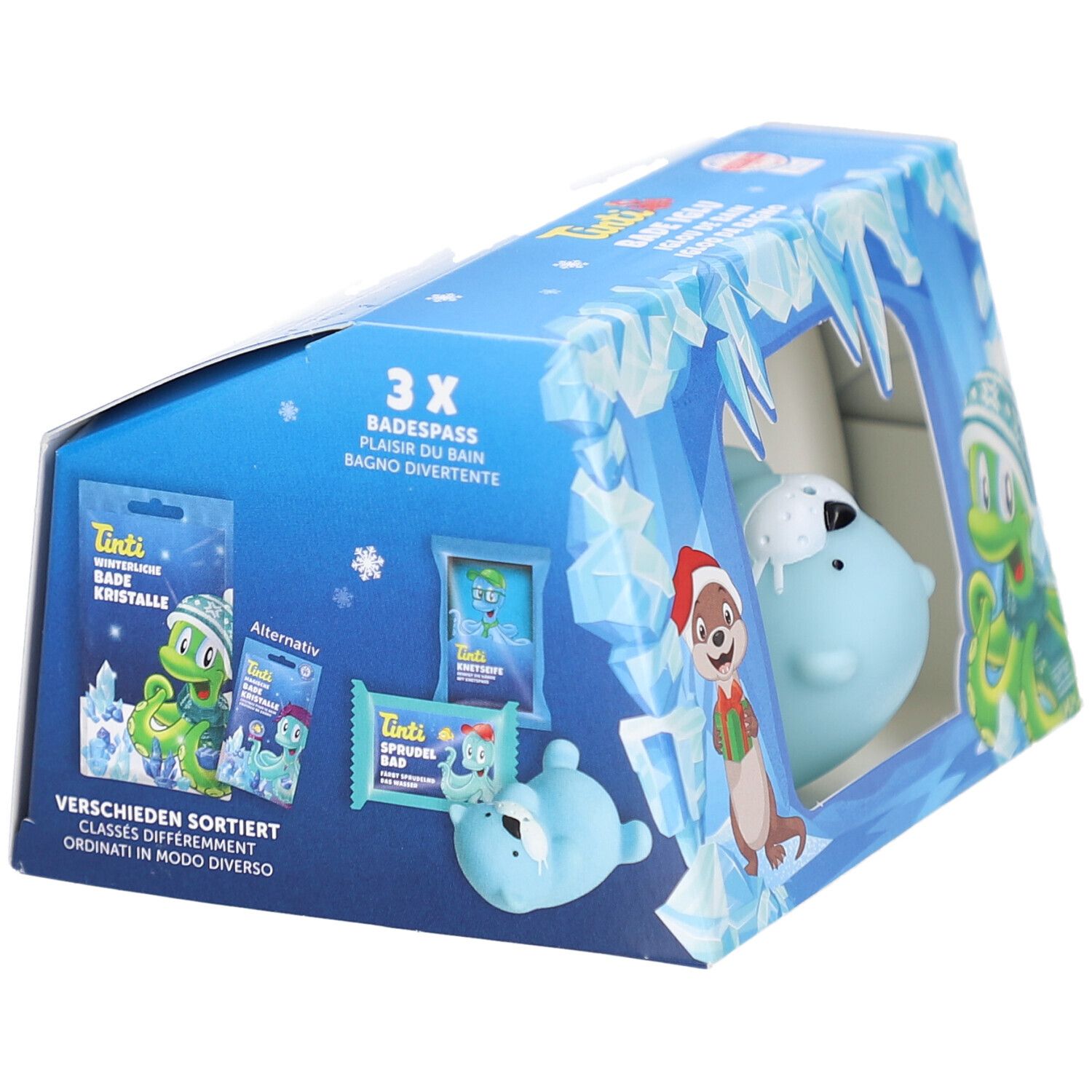 Schrägansicht der Verpackung des Bade-Iglu-Sets. Zeigt eine Robbe, Badezusätze und Illustrationen. Text: 3x Badespaß.