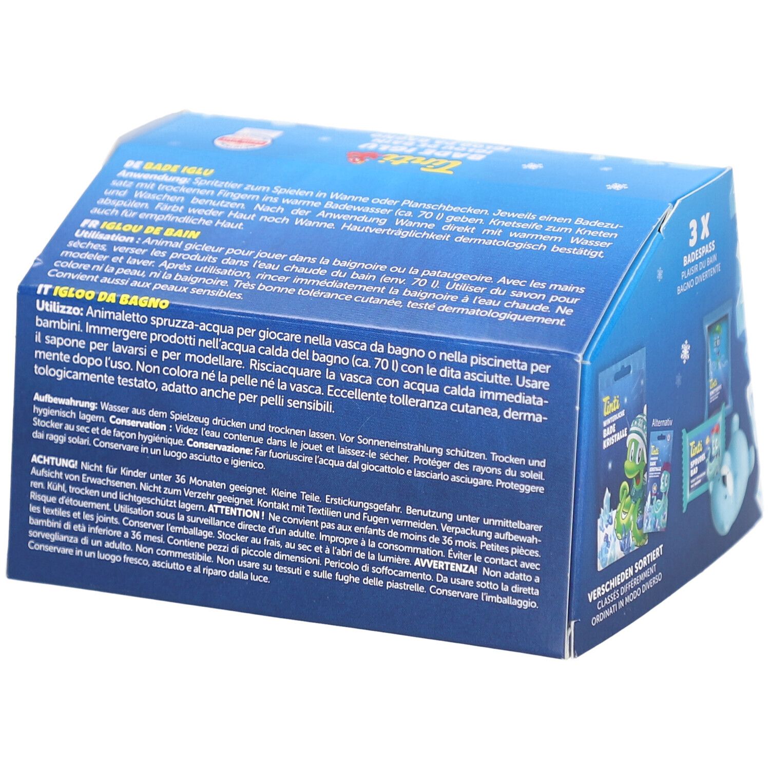 Rückseite der Bade-Iglu-Set-Verpackung. Enthält Text in mehreren Sprachen. Zeigt Illustrationen und Produktinformationen.