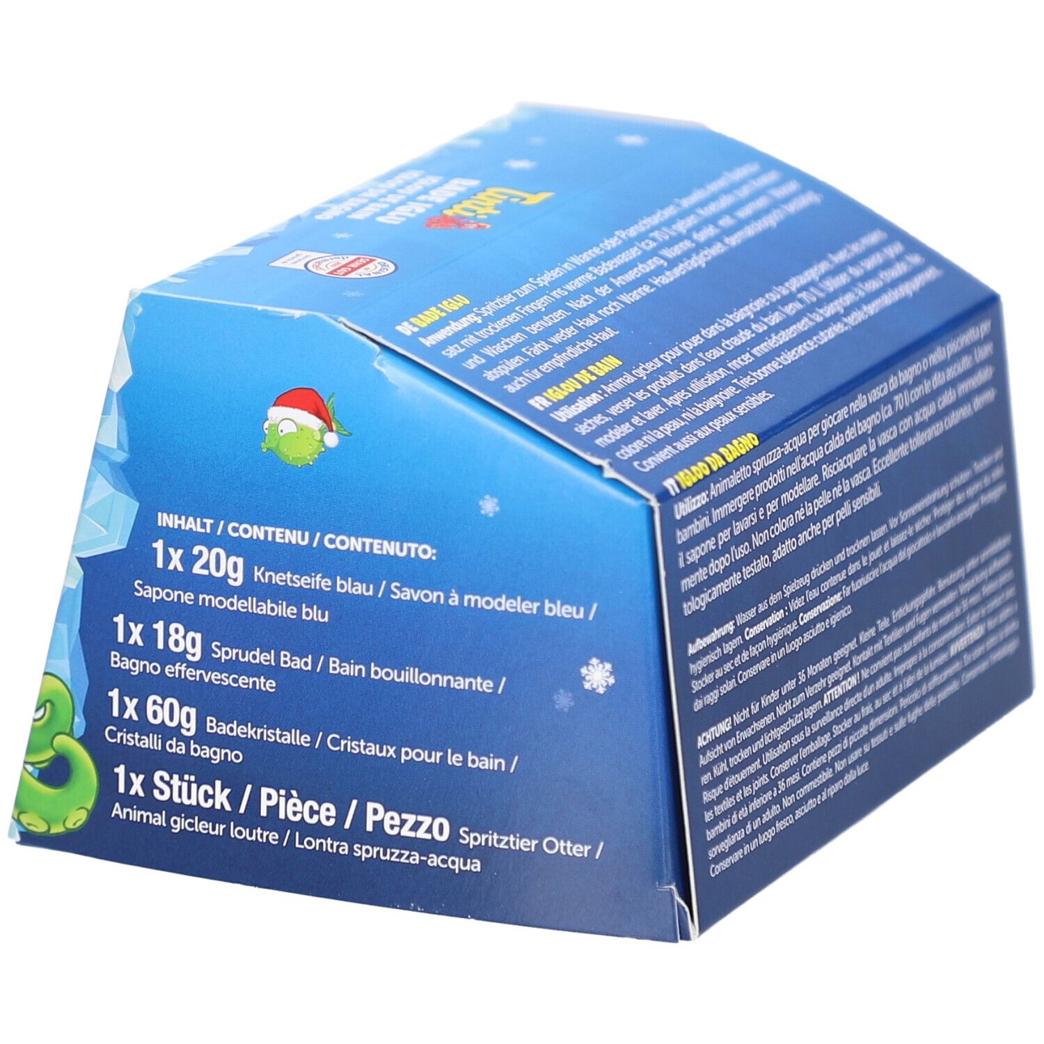 Oberseite der Bade-Iglu-Set-Verpackung. Zeigt Produktinhaltsangaben. Enthält Text und Illustrationen.