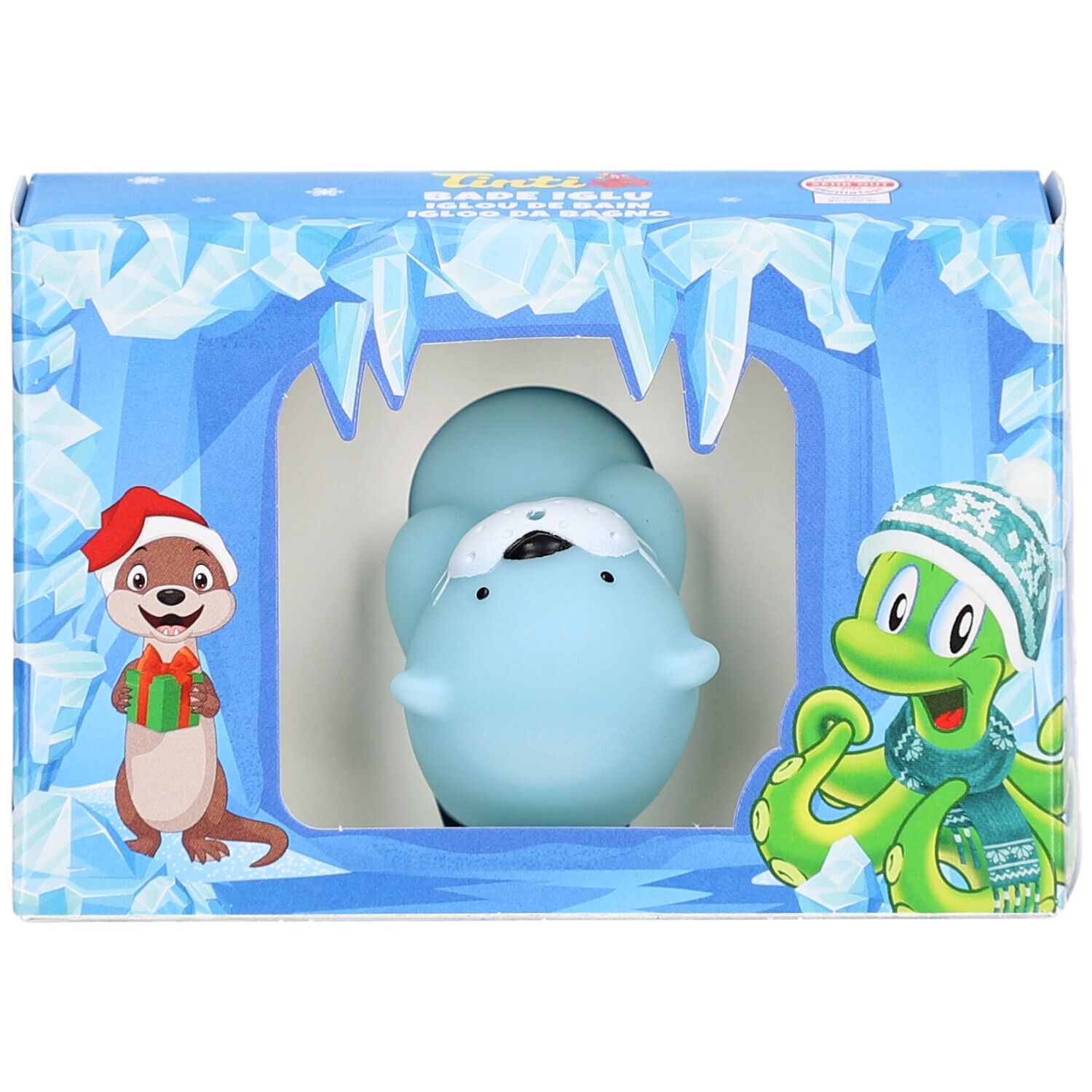 Vorderansicht der Bade-Iglu-Set-Verpackung. Zeigt eine blaue Robbe im Fenster. Enthält Illustrationen von Tieren.