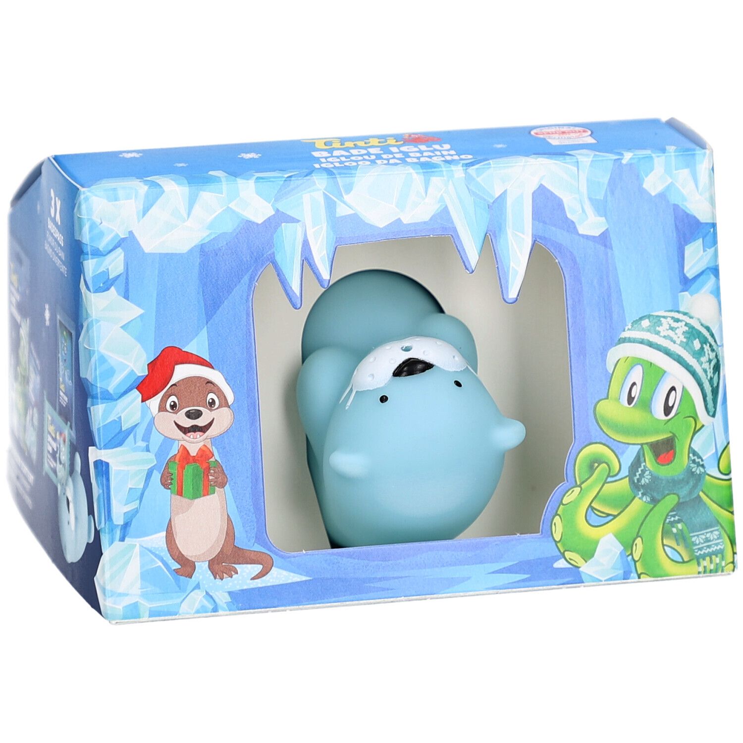 Vorderansicht der Bade-Iglu-Set-Verpackung. Zeigt eine blaue Robbe im Fenster. Enthält Illustrationen von Tieren.