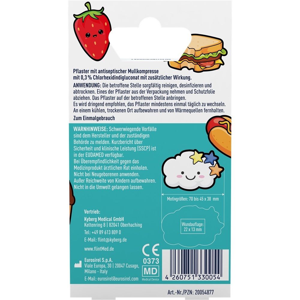 Rückseite der Verpackung von flint Med Kinderpflaster mit Anwendungshinweisen und Warnhinweisen.