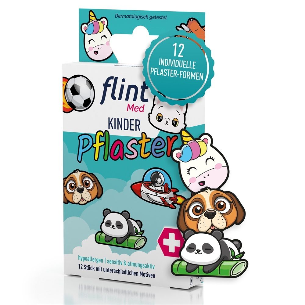 Verpackung von flint Med Kinderpflaster, 12 Stück mit individuellen Pflasterformen und Motiven.