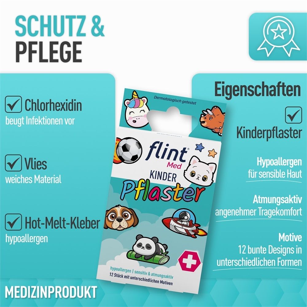 Flint Med Kinderpflaster: Eigenschaften wie Chlorhexidin, weiches Vliesmaterial und hypoallergener Kleber.