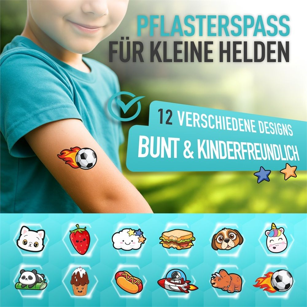 Kinderpflaster für kleine Helden: 12 bunte und kinderfreundliche Designs für Pflaster.