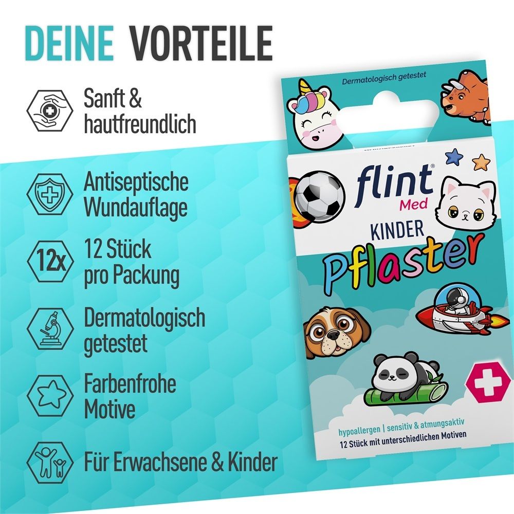 Vorteile von flint Med Kinderpflaster: Sanft, hautfreundlich, antiseptisch, 12 Stück, dermatologisch getestet.