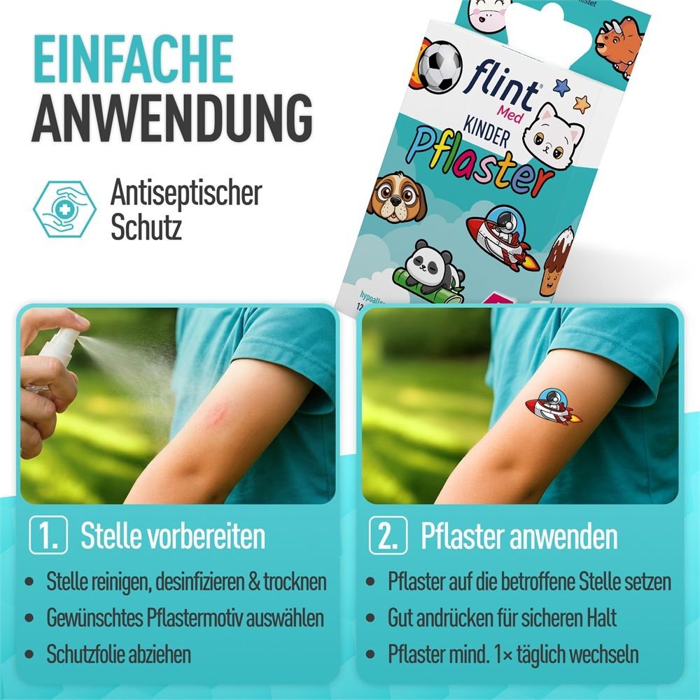 Einfache Anwendung von Kinderpflaster: Stelle vorbereiten und Pflaster anbringen.