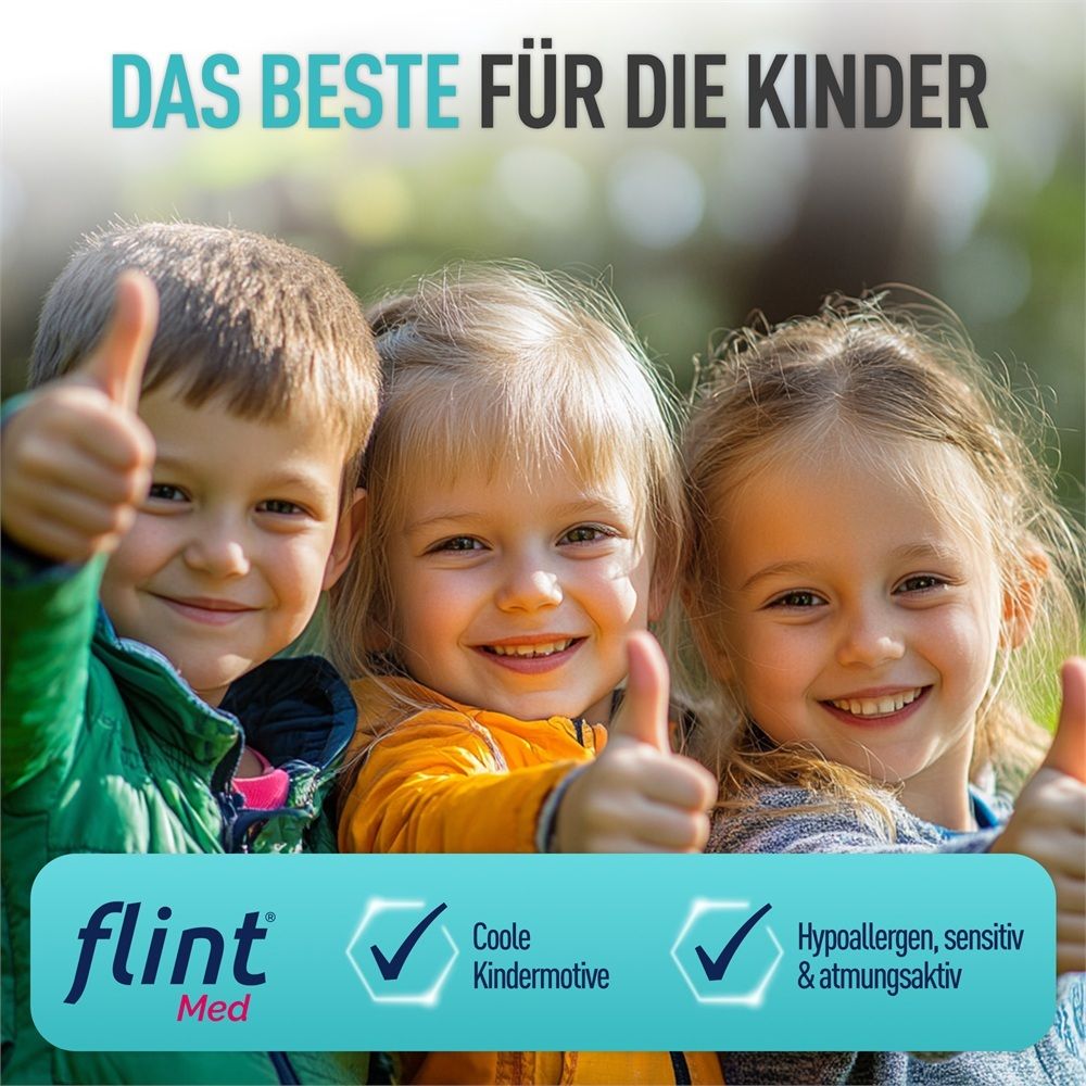 Drei Kinder geben Daumen hoch, mit flint Med Logo und Eigenschaften wie 'Coole Kindermotive'.