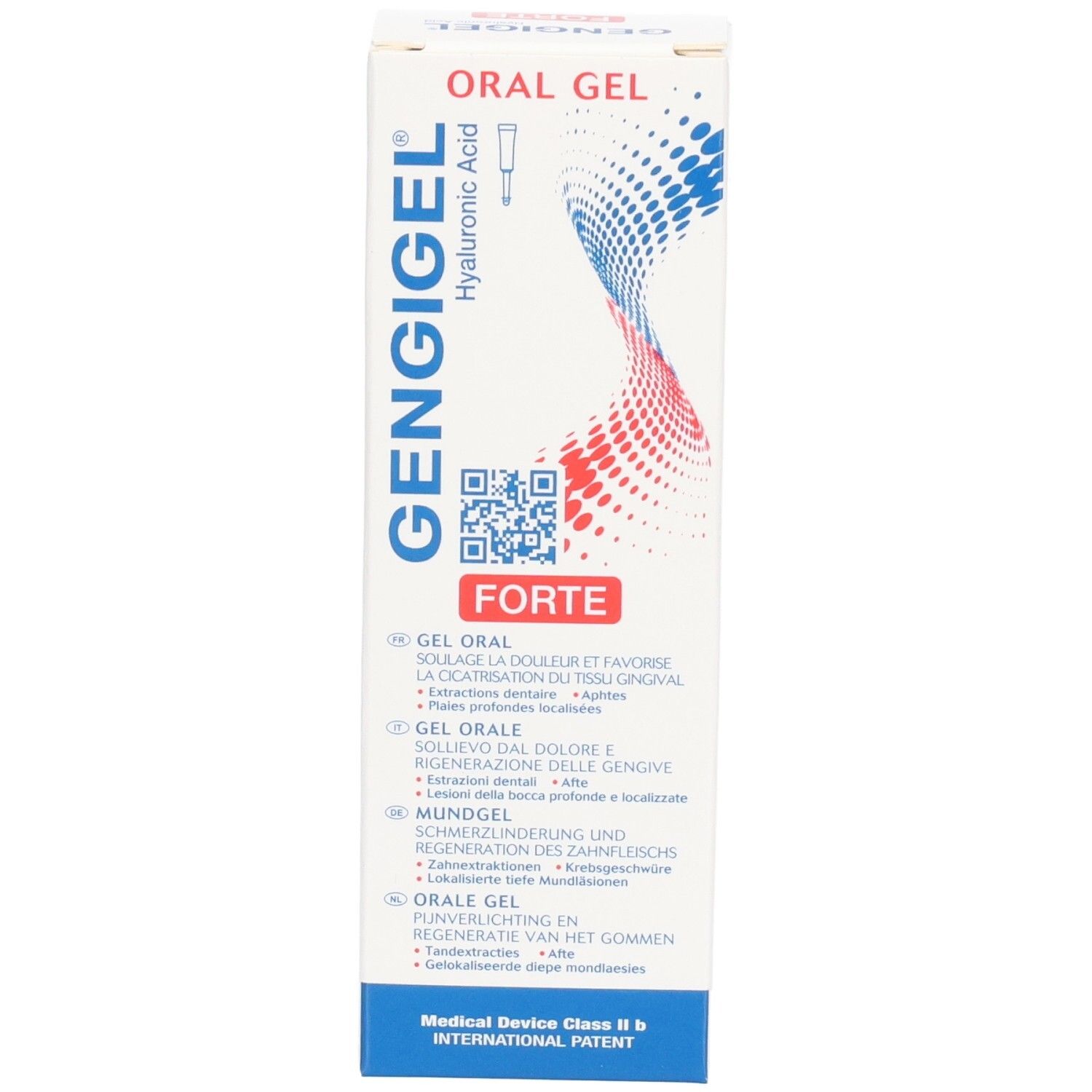 Weiße Schachtel mit GENGIGEL Forte Oral Gel. Enthält Hyaluronsäure. QR-Code und Text in mehreren Sprachen.