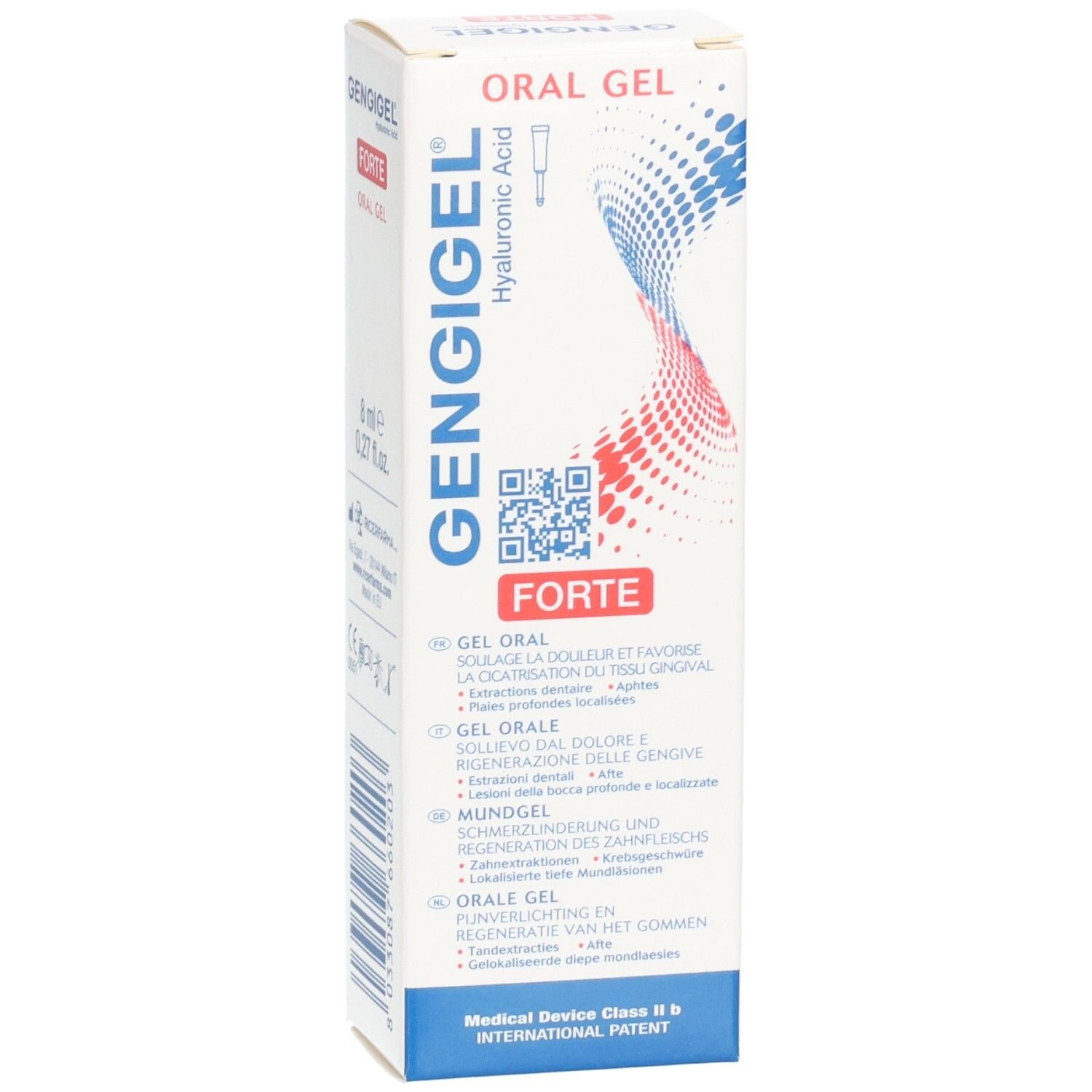 Weiße Schachtel mit GENGIGEL Forte Oral Gel. Enthält Hyaluronsäure. QR-Code und Text in mehreren Sprachen.