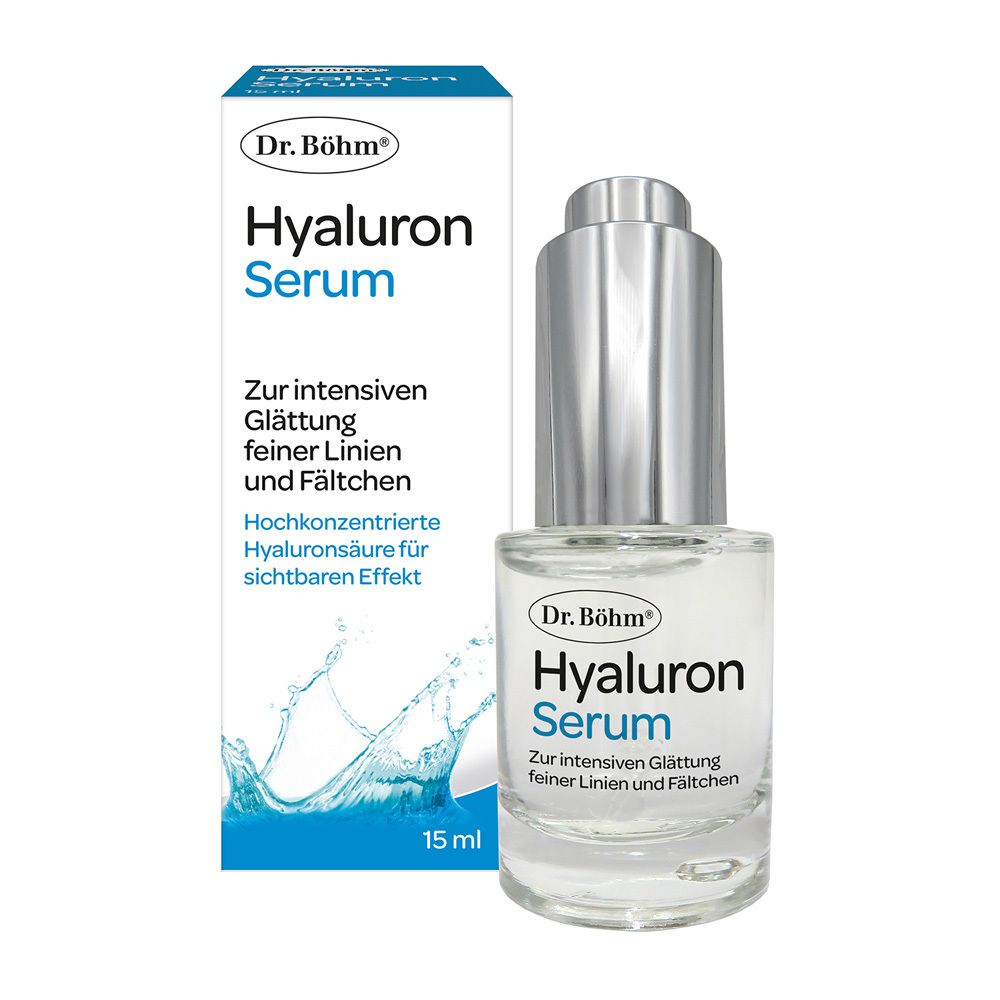 Serumflasche und Verpackung. Aufschrift: Dr. Böhm Hyaluron Serum. Zur intensiven Glättung feiner Linien und Fältchen.