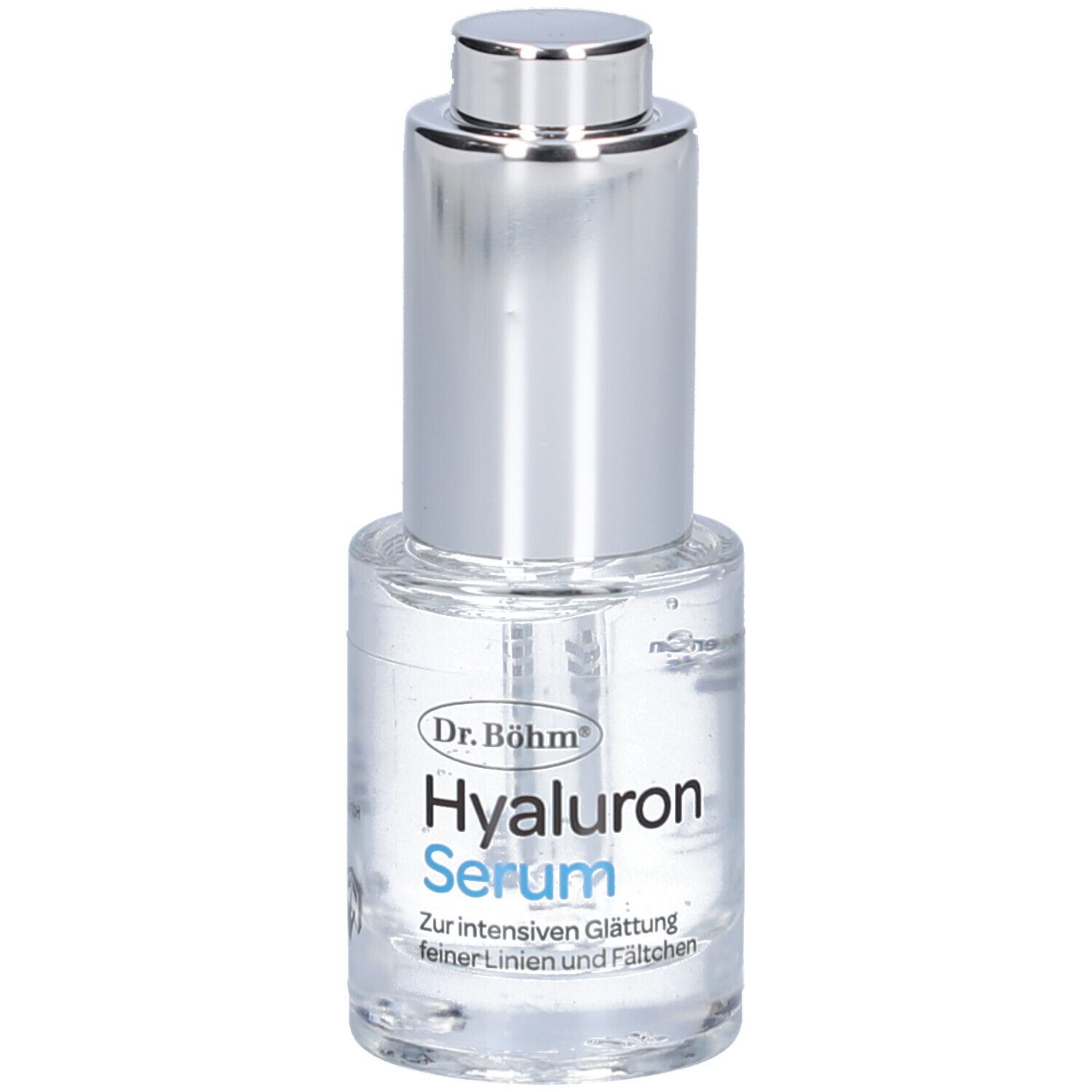 Serumflasche mit silbernem Verschluss. Aufschrift: Dr. Böhm Hyaluron Serum. Für intensive Glättung feiner Linien und Fältchen.