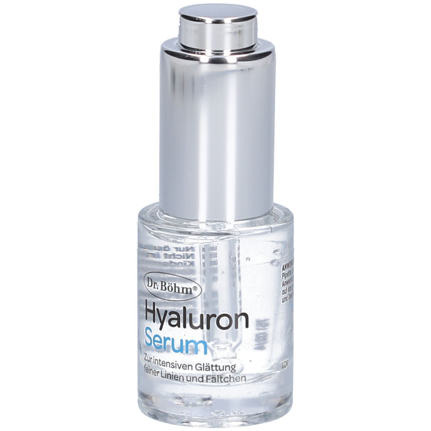 Serumflasche mit silbernem Verschluss. Aufschrift: Dr. Böhm Hyaluron Serum. Für intensive Glättung feiner Linien und Fältchen.