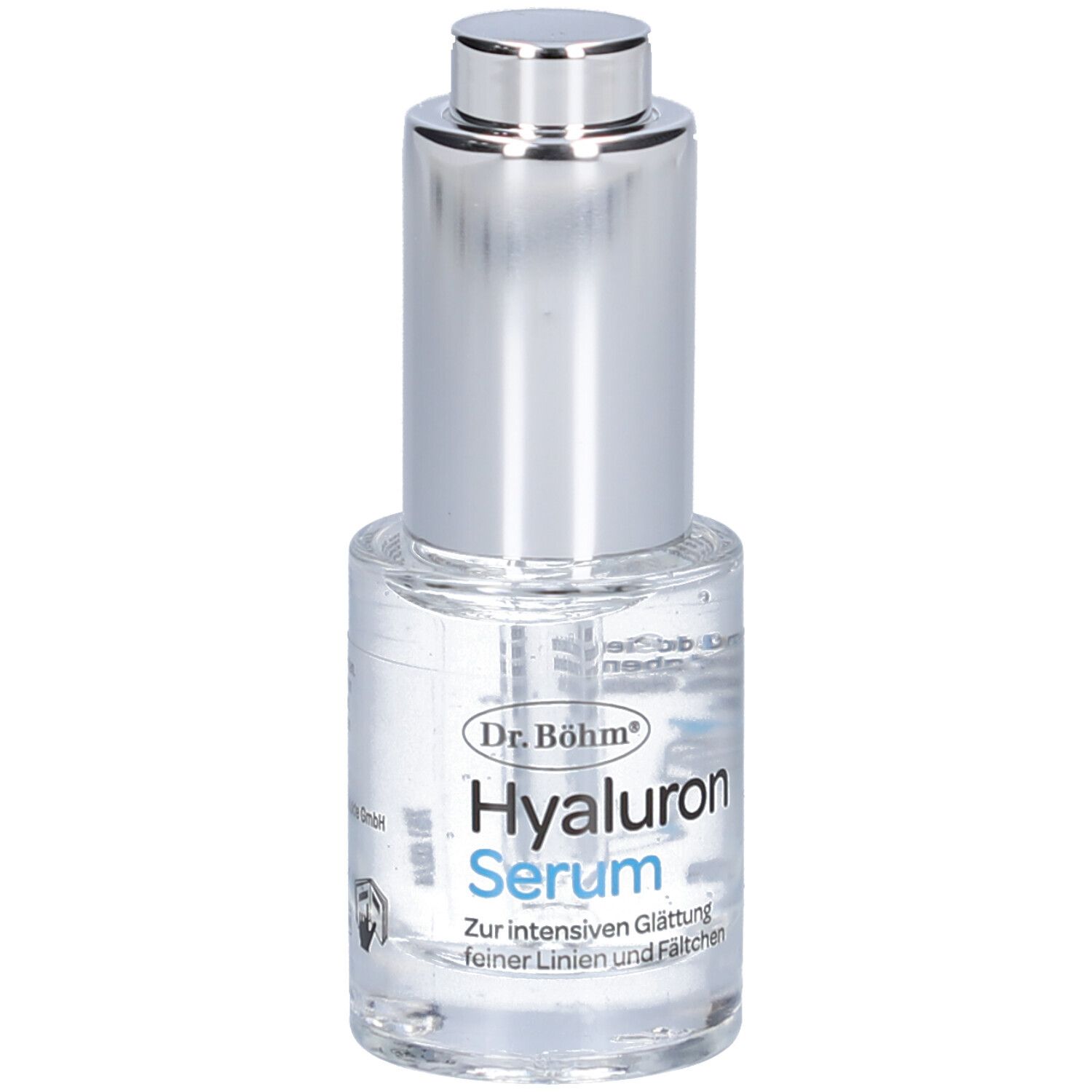 Serumflasche mit silbernem Verschluss. Aufschrift: Dr. Böhm Hyaluron Serum. Für intensive Glättung feiner Linien und Fältchen.