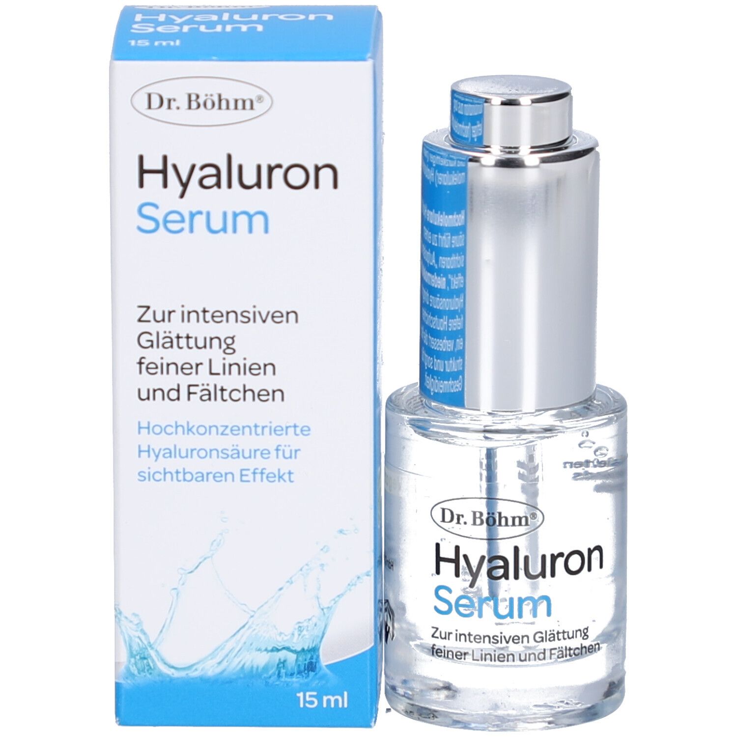 Produktverpackung und Serumflasche. Aufschrift: Dr. Böhm Hyaluron Serum. Für intensive Glättung feiner Linien und Fältchen.