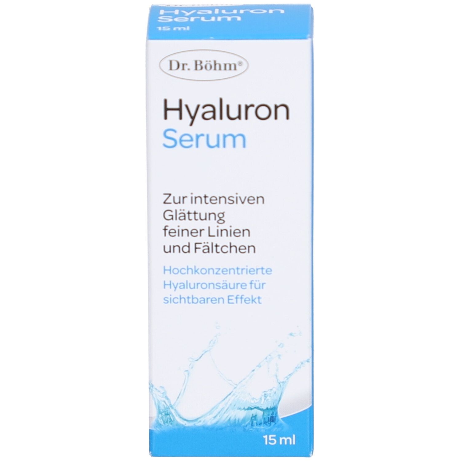 Produktverpackung. Aufschrift: Dr. Böhm Hyaluron Serum. Für intensive Glättung feiner Linien und Fältchen. 15 ml.