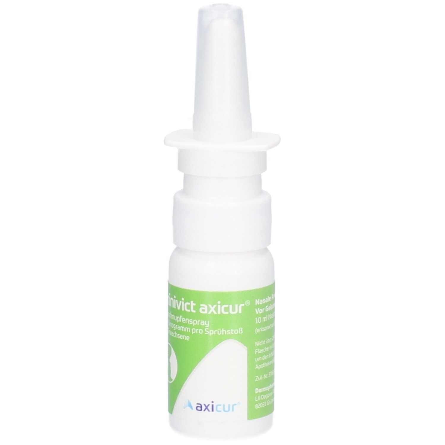 RHINIVICT axicur Nasenspray. Weiße Flasche mit grünem Etikett. Aufschrift: Heuschnupfenspray. Weißer Sprühkopf.