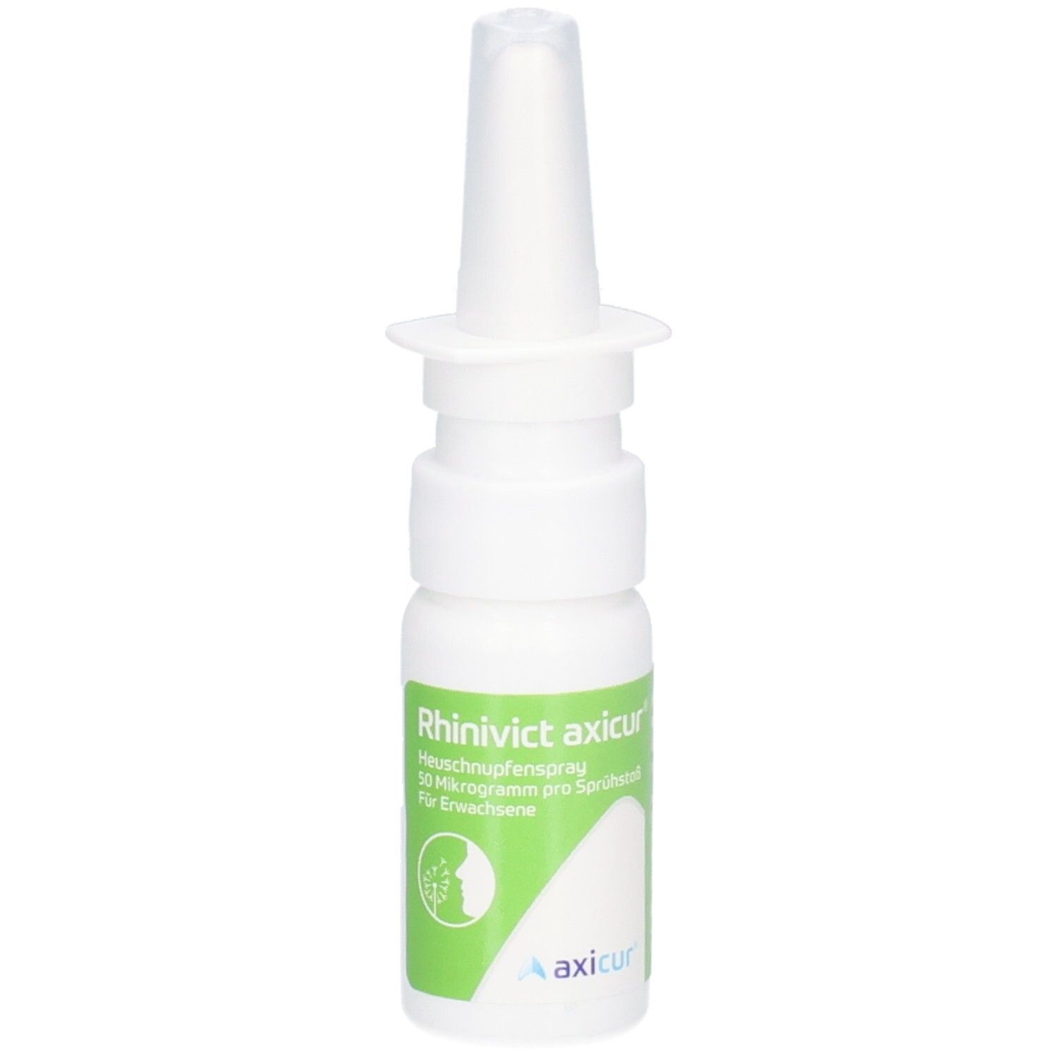 RHINIVICT axicur Nasenspray. Weiße Flasche mit grünem Etikett. Aufschrift: Heuschnupfenspray. Weißer Sprühkopf.