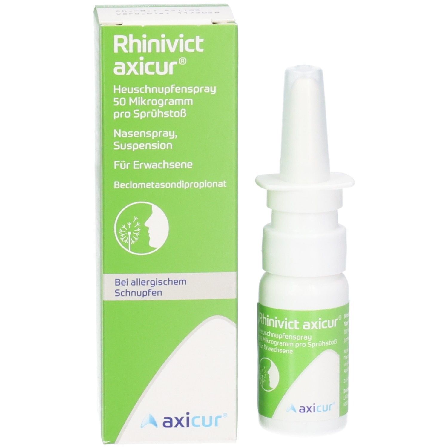 RHINIVICT axicur Nasenspray und Verpackung. Grüne Schachtel mit weißer Schrift. Produkt und Verpackung nebeneinander.