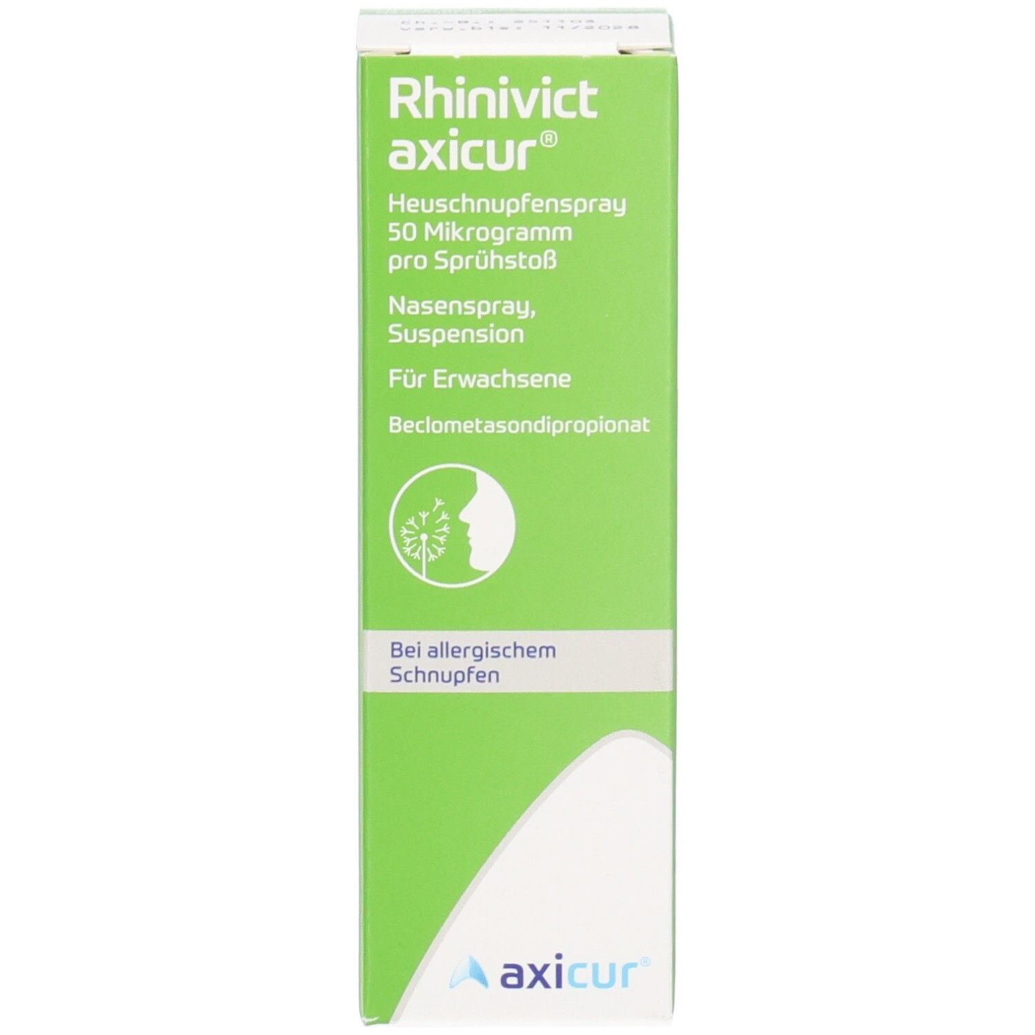 Verpackung von RHINIVICT axicur Nasenspray. Grüne Schachtel mit weißer Schrift. Aufschrift: Heuschnupfenspray.