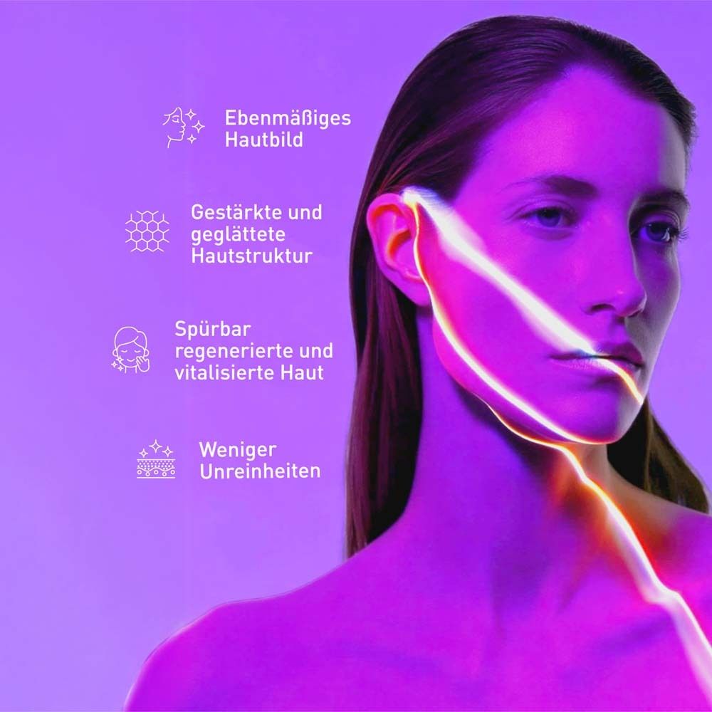 Gesicht einer Frau mit Pfeilen, die auf "Ebenmäßiges Hautbild", "Gestärkte Hautstruktur", "Vitalisierte Haut" und "Weniger Unreinheiten" zeigen.