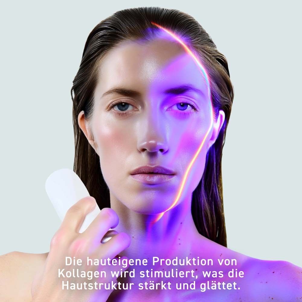 Frau mit Gerät. Text: "Einfache Anwendung", "Nicht invasiv", "Schnelle und sichtbare Erfolge". "Das erste Kaltplasmagerät für Zuhause!"