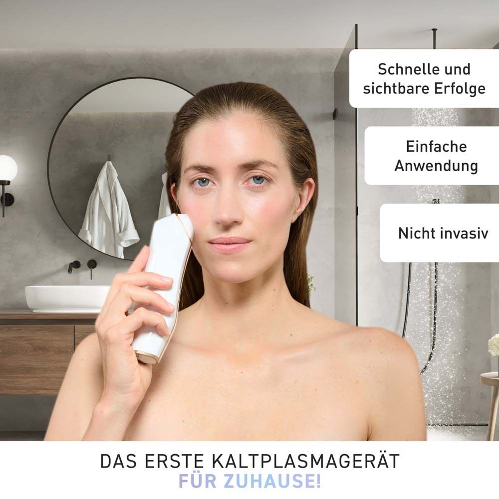 Anleitung zur Anwendung. 1. Reinigen. 2. Einschalten. 3. Behandeln. Bilder zeigen Frau bei den Schritten.