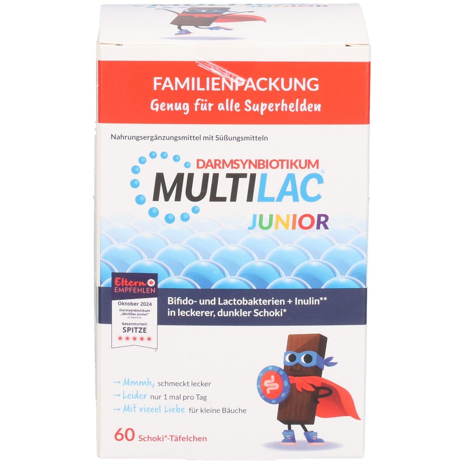 Verpackung von MULTILAC Junior. Enthält 60 Schoki-Täfelchen. Aufdruck: DarmSynbiotikum, Bifido- und Laktobakterien + Inulin.