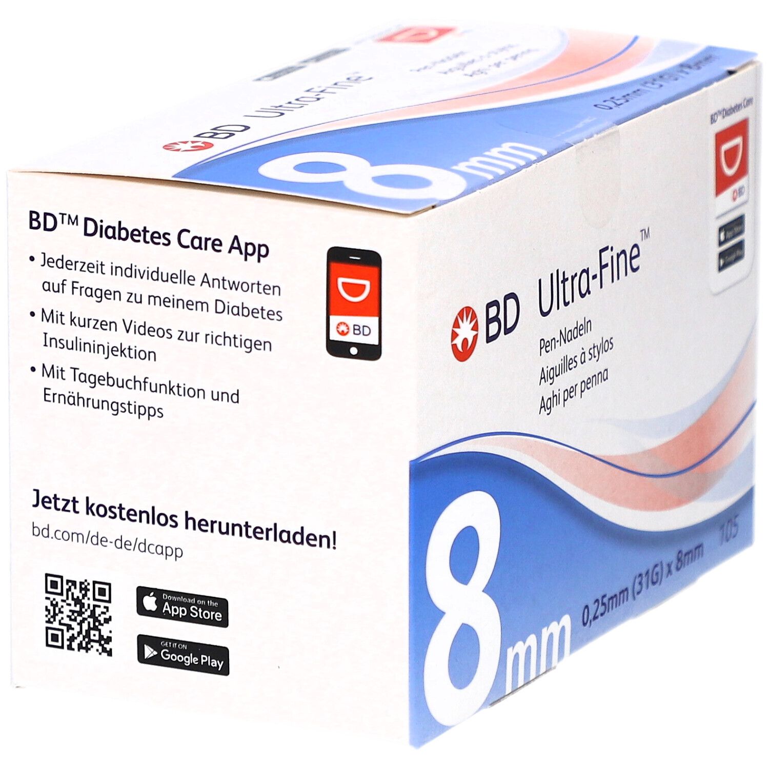 Verpackung von BD Ultra-Fine Pen-Nadeln. Aufschrift: 8 mm, 0,25 mm (31G) x 8 mm, 105 Stück. BD-Logo und App-Hinweis.