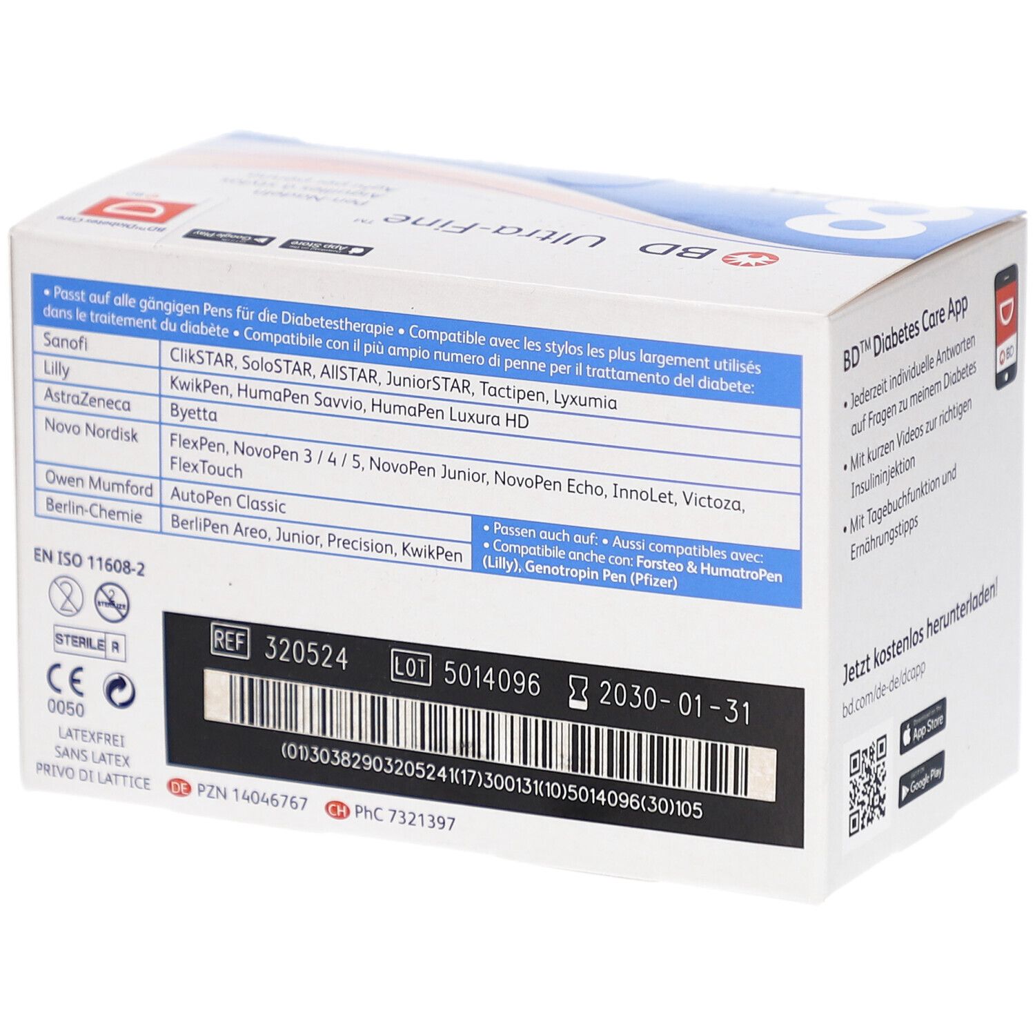Rückseite der Verpackung von BD Ultra-Fine Pen-Nadeln. Auflistung kompatibler Pens. Informationen zu Zertifizierungen und Chargennummer.